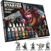 Gamemaster Paints: Adventure Starter Role-Playing Paint Set - Paint set box featuring fantasy dragon artwork and 15 small paint bottles in various colors with five unpainted miniature.
