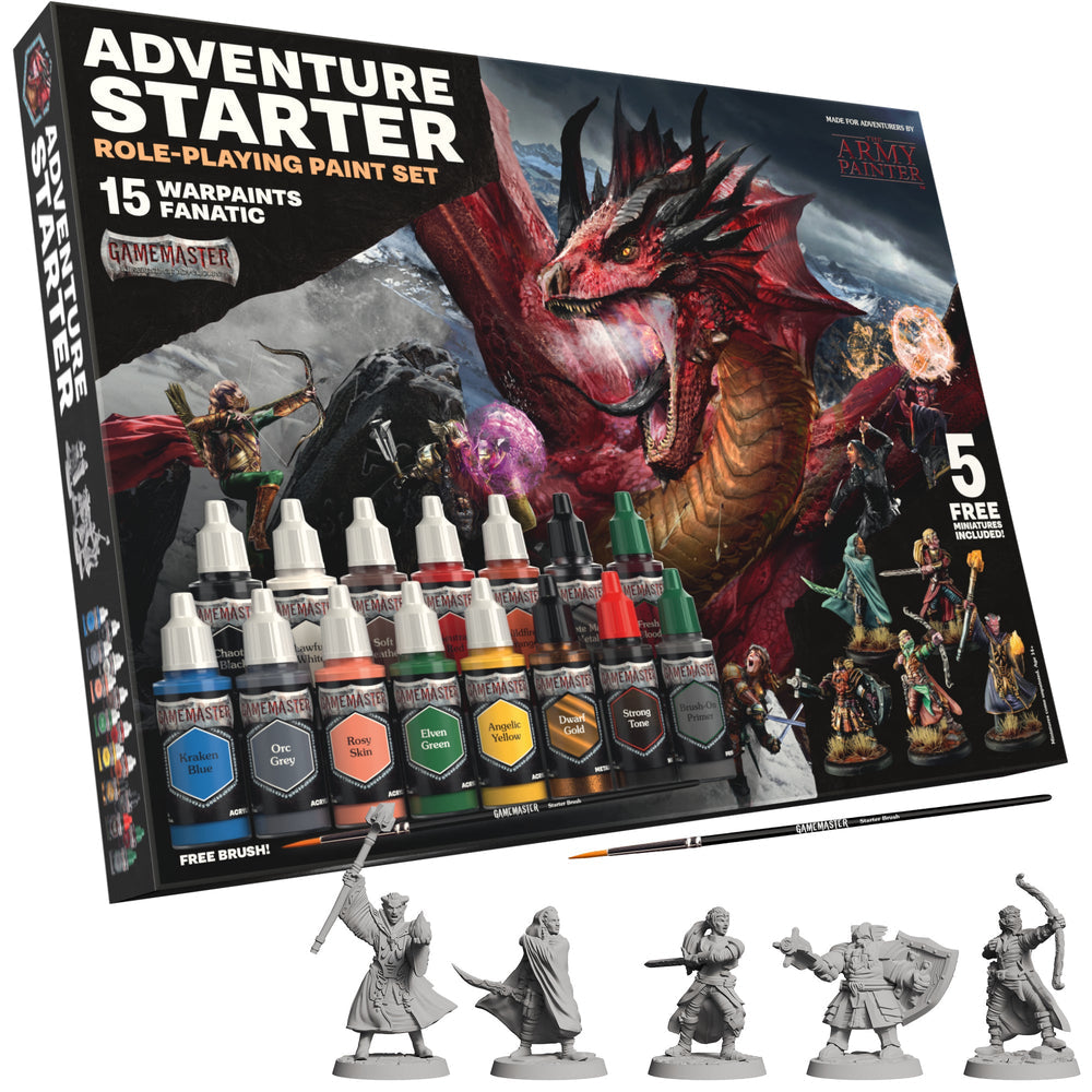 Gamemaster Paints: Adventure Starter Role-Playing Paint Set - Paint set box featuring fantasy dragon artwork and 15 small paint bottles in various colors with five unpainted miniature.