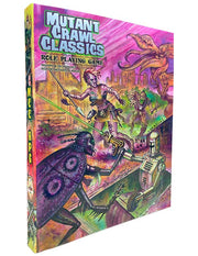 Mutant Crawl Classics: Core Rulebook - Colorful RPG rulebook with mutants and robot creatures on a vibrant purple and green cover.