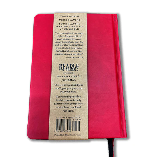RPG Gamemaster's Journal - Red hardcover journal with a vertical kraft paper label featuring black text and barcode on front cover.