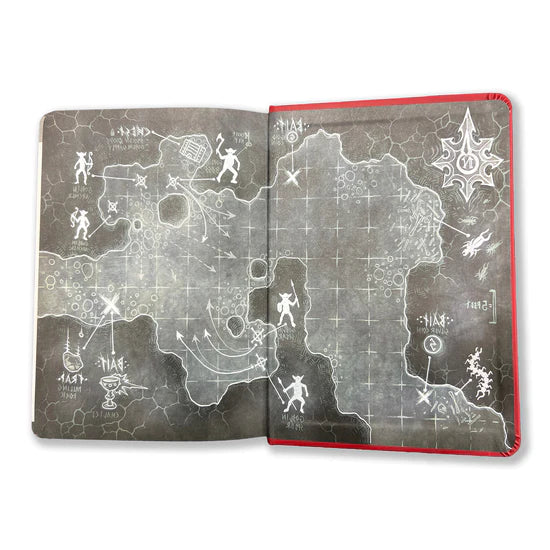 RPG Gamemaster's Journal - Open RPG gamemaster's journal with dark gray, weathered map pages featuring white grid lines, fantasy icons, and red binding