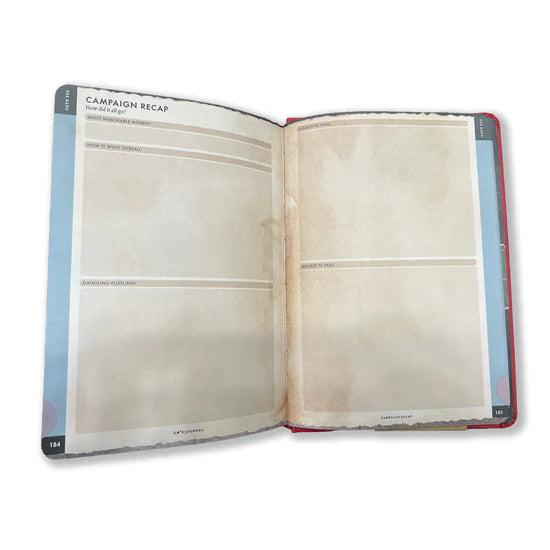 RPG Gamemaster's Journal - Open RPG journal with aged, parchment-style pages featuring sections for campaign recap and notes.