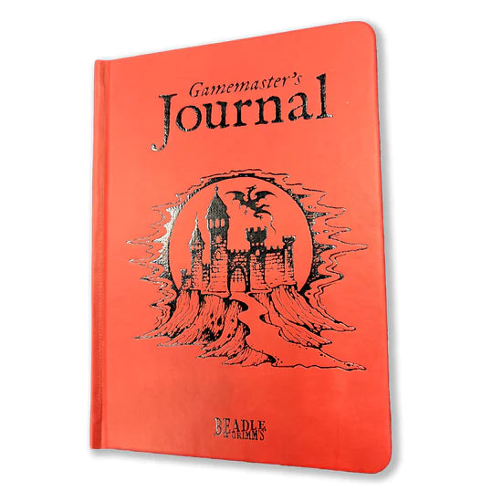 RPG Gamemaster's Journal - Orange softcover journal with black fantasy castle illustration and "Gamemaster's Journal" text on front cover.