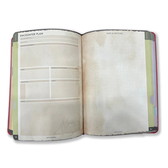 RPG Gamemaster's Journal - Open RPG Gamemaster's journal with aged, parchment-style pages and structured sections for encounter planning.