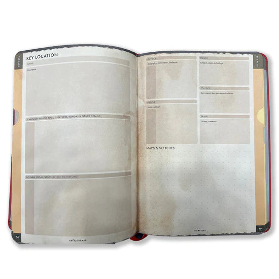 RPG Gamemaster's Journal - Open RPG Gamemaster's Journal with weathered beige pages featuring structured boxes and sections for notes and key locations.