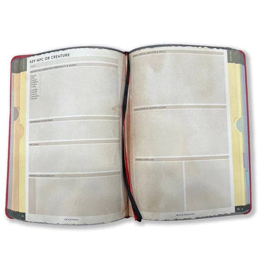 RPG Gamemaster's Journal - Open RPG Gamemaster's journal with aged parchment-style pages, lined sections, and blank boxes for notes and drawings.