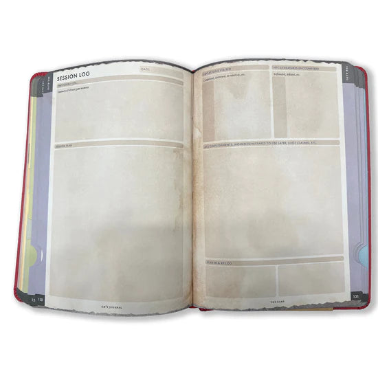 RPG Gamemaster's Journal - Open RPG Gamemaster's journal with brownish parchment-style pages and segmented boxes for notes.