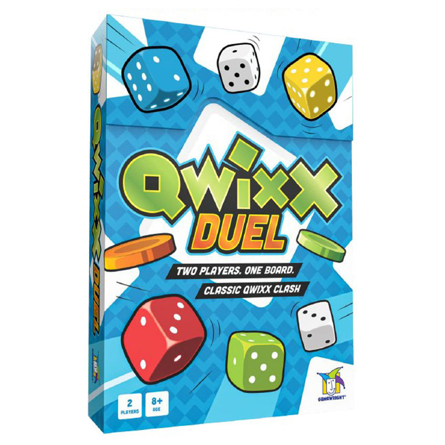 Quixx Duel (PREORDER) - Colorful Quixx Duel board game box with dice illustrations in blue, red, green, yellow, and white tones.