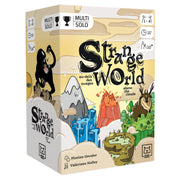 Strange World - Compact board game box with whimsical mountain, waterfall, volcano, and forest illustrations in muted earth tones.