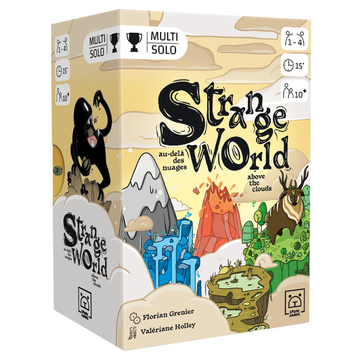 Strange World - Compact board game box with whimsical mountain, waterfall, volcano, and forest illustrations in muted earth tones.