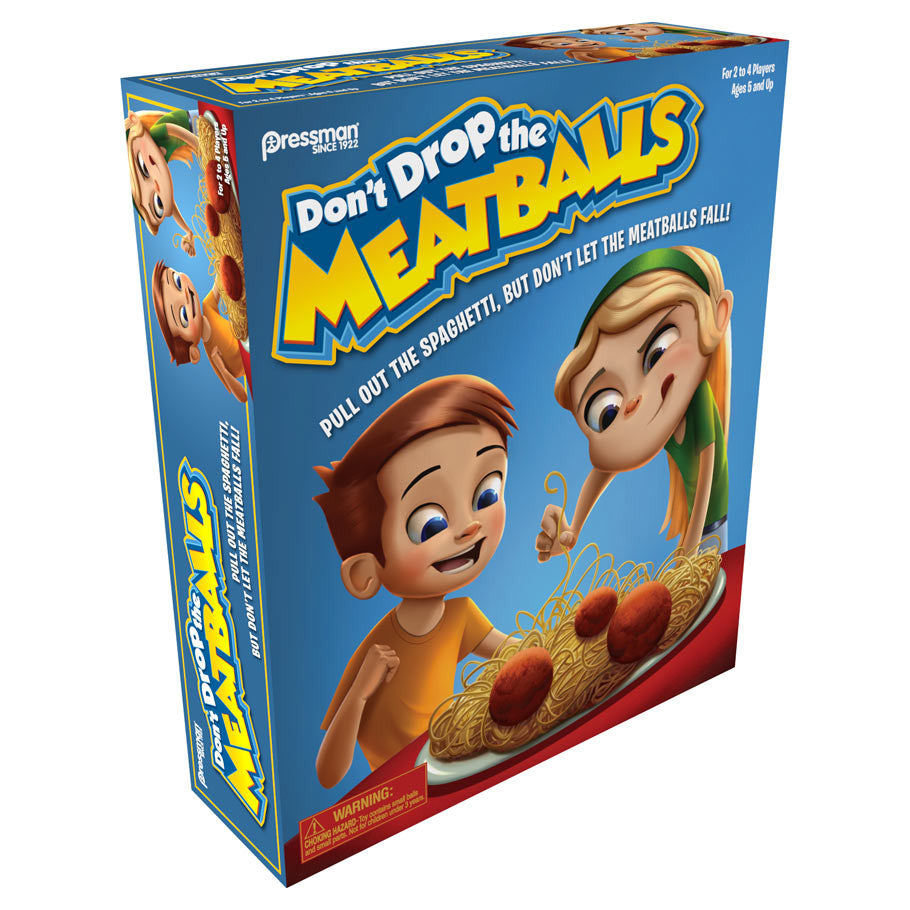 Don’t Drop the Meatballs (Refresh) - Colorful cardboard game box featuring animated children playing with spaghetti and meatballs, with bold yellow and white.