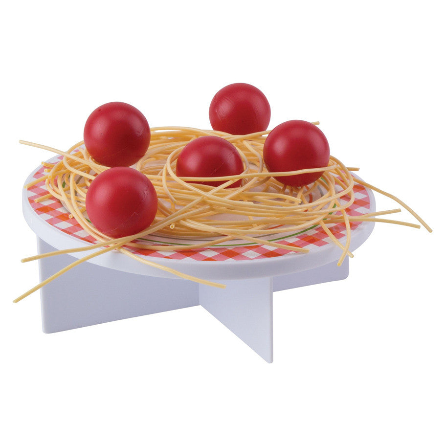 Don’t Drop the Meatballs (Refresh) - Round white platform with red checkered edge holding tangled yellow plastic spaghetti strands and five shiny red plastic.
