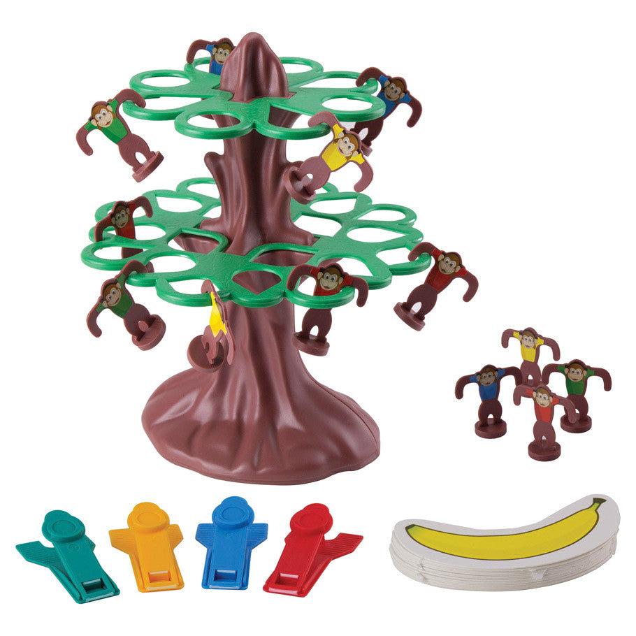Jumpin' Monkeys (Refresh) (PREORDER) - Brown plastic monkey tree with green circular branches, colorful monkey figures, multicolored plastic clips, and a.