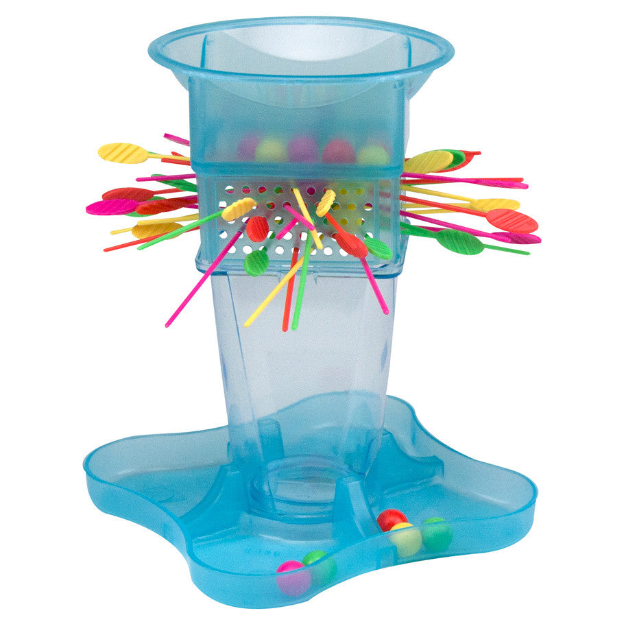 Tumble (Refresh) (PREORDER) - Blue cylindrical plastic game tower with colorful sticks and balls for a dexterity balancing game.