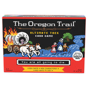 Oregon Trail: Ultimate Trek - Rectangular card game box with red and black design featuring covered wagon, oxen, and pioneer family illustration, titled.