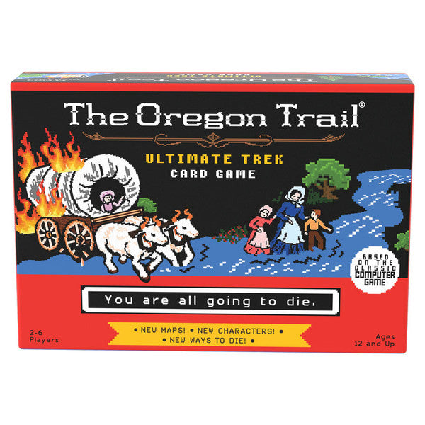 Oregon Trail: Ultimate Trek - Rectangular card game box with red and black design featuring covered wagon, oxen, and pioneer family illustration, titled.