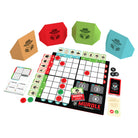 Murdle: The Card Game (PREORDER) - Colorful deduction card game set featuring a grid board, red and black tokens, hexagonal player screens, and multi-colored.