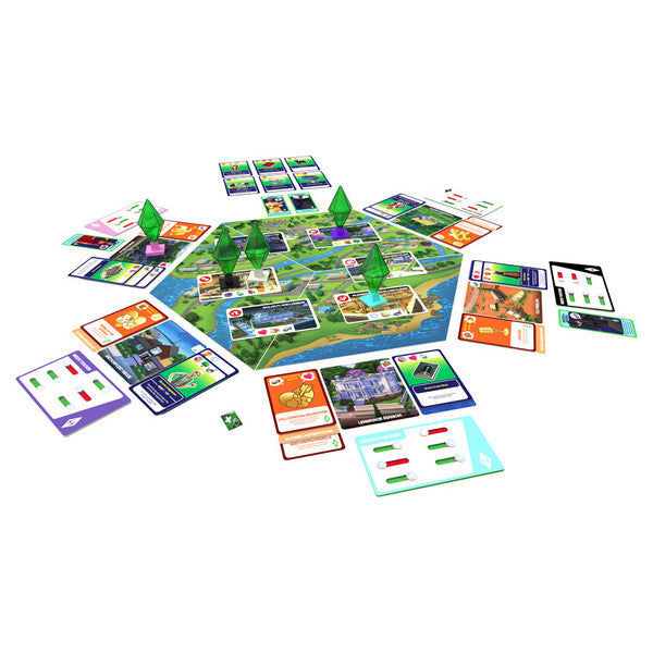 The Sims Board Game - Hexagonal game board with colorful property cards, green plastic pyramids, and various player cards arranged around it.