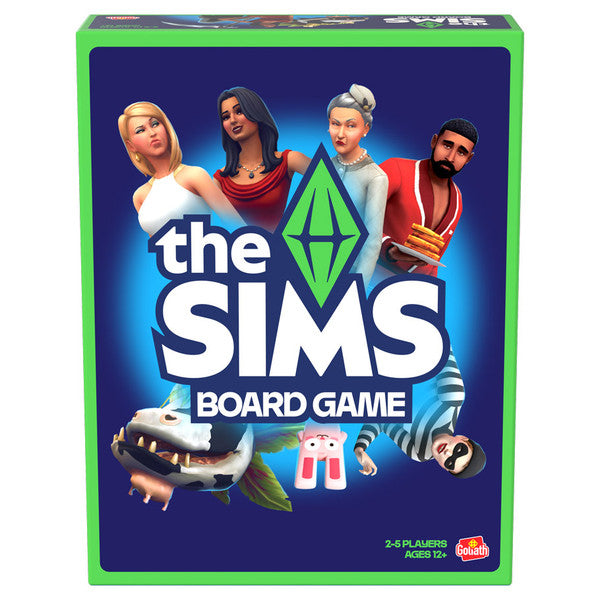 The Sims Board Game - The Sims Board Game box with cartoon characters, blue background, and green border, designed for 3-5 players aged 10+.