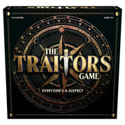 The Traitors - Black square game box with ornate circular gold and bronze emblem, bold metallic gold text "The Traitors Game," and tagline.