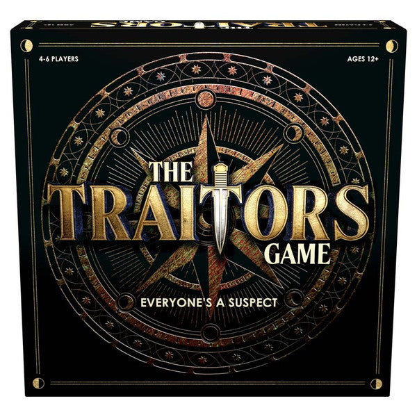 The Traitors - Black square game box with ornate circular gold and bronze emblem, bold metallic gold text "The Traitors Game," and tagline.