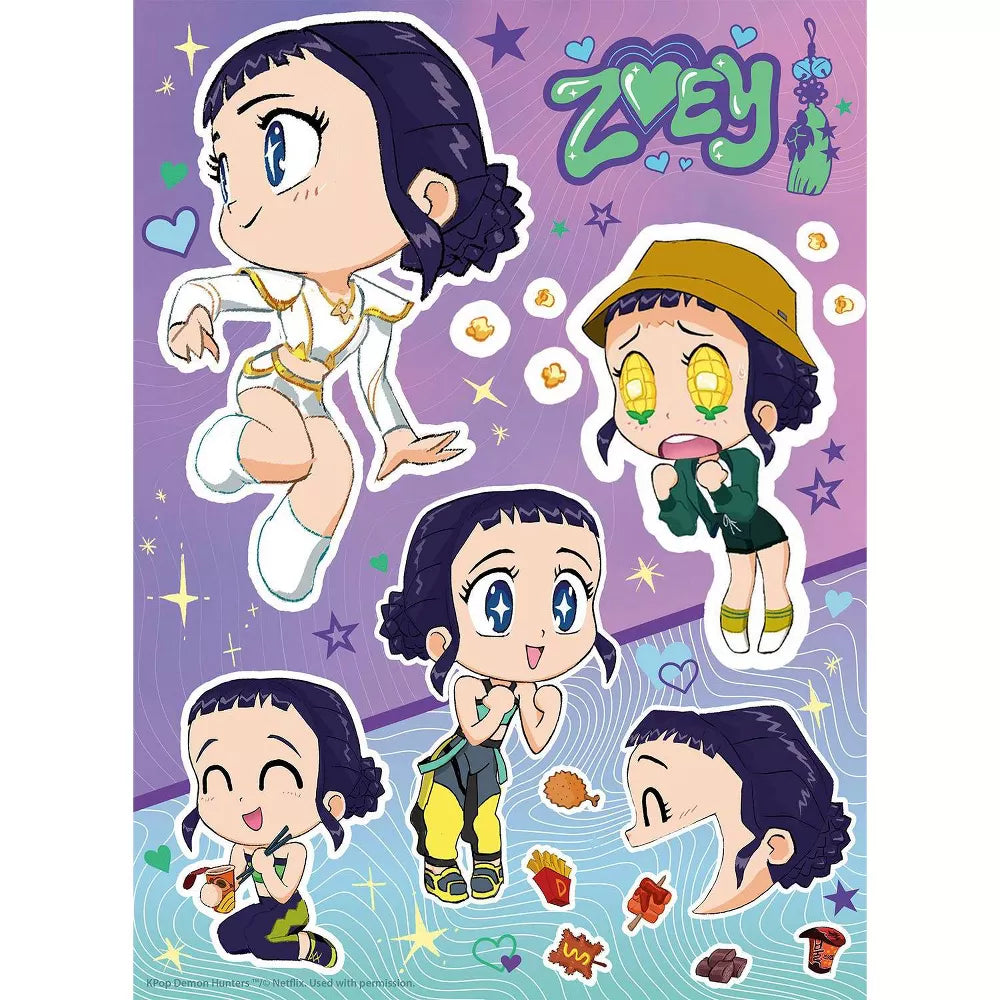 K-Pop Demon Hunters Puzzle - Ramen Zoey 100 Pieces (PREORDER) - Colorful puzzle featuring five chibi-style characters of Zoey with varied expressions on a purple background with stars and.