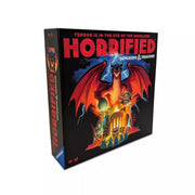 Horrified: Dungeons & Dragons - Square board game box with black background, red and orange dragon illustration, and bold red "Horrified" title on front and