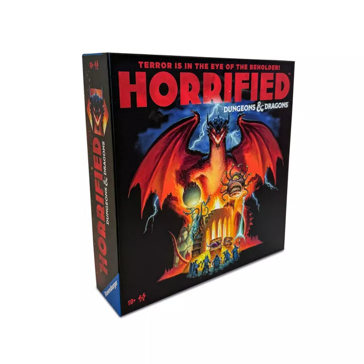 Horrified: Dungeons & Dragons - Square board game box with black background, red and orange dragon illustration, and bold red "Horrified" title on front and