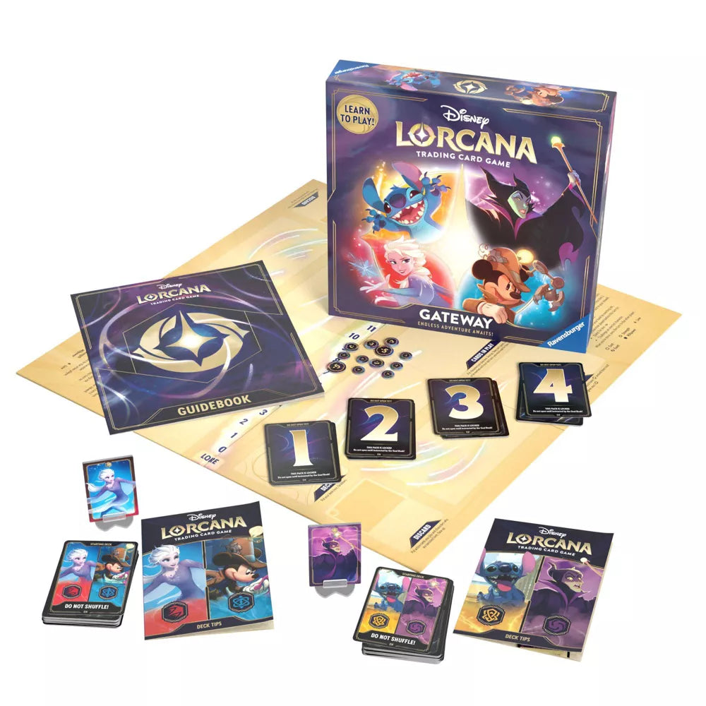 Lorcana TCG: Gateway - Learn to play Box - Disney Lorcana Gateway Learn to Play Box with cards, numbered tokens, rulebook, and game mat in purple-themed packaging.