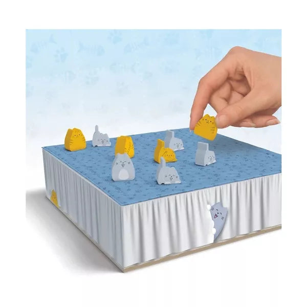 boop. - Blue square game board with gray and yellow animal-shaped game pieces and hand moving a yellow piece.