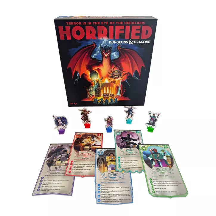 Horrified: Dungeons & Dragons - Dungeons & Dragons board game box with colorful character cards and six standee figures on a white surface.