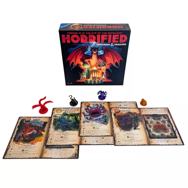 Horrified: Dungeons & Dragons - Horrified Dungeons & Dragons board game with colorful monster cards and four unique monster tokens on a white background.
