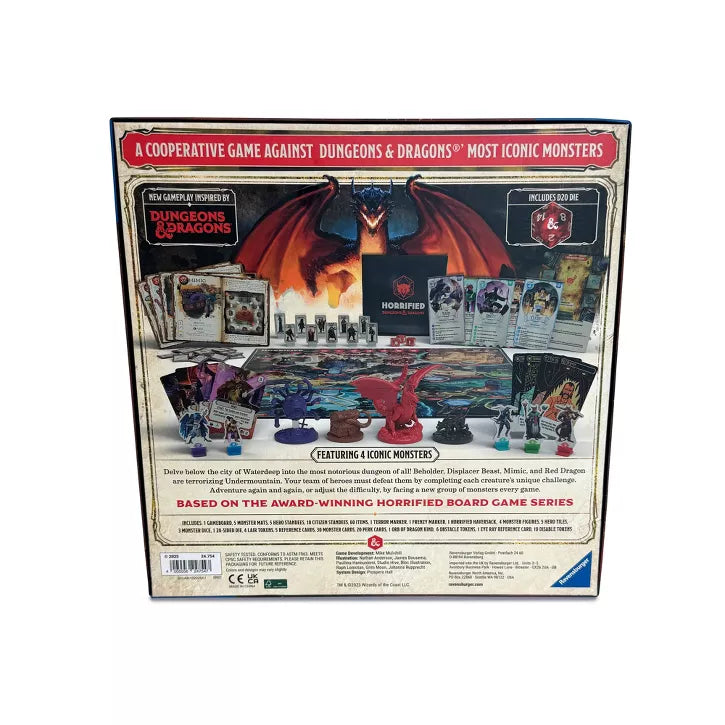 Horrified: Dungeons & Dragons - Board game box featuring Dungeons & Dragons-themed cooperative gameplay with colorful monster illustrations and game.