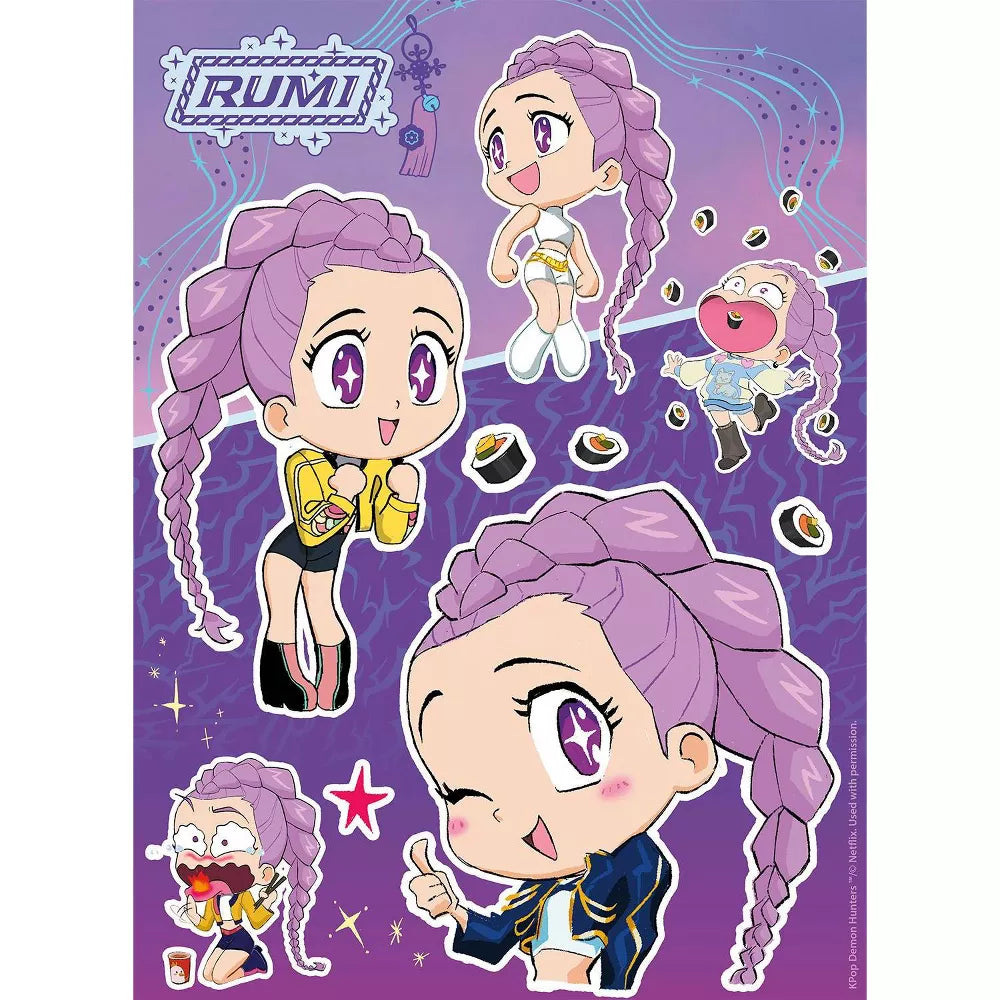 K-Pop Demon Hunters Puzzle - Ramen Rumi 100 Pieces (PREORDER) - Purple-haired anime girl in various poses with ramen bowls on a lavender starry background puzzle piece design.