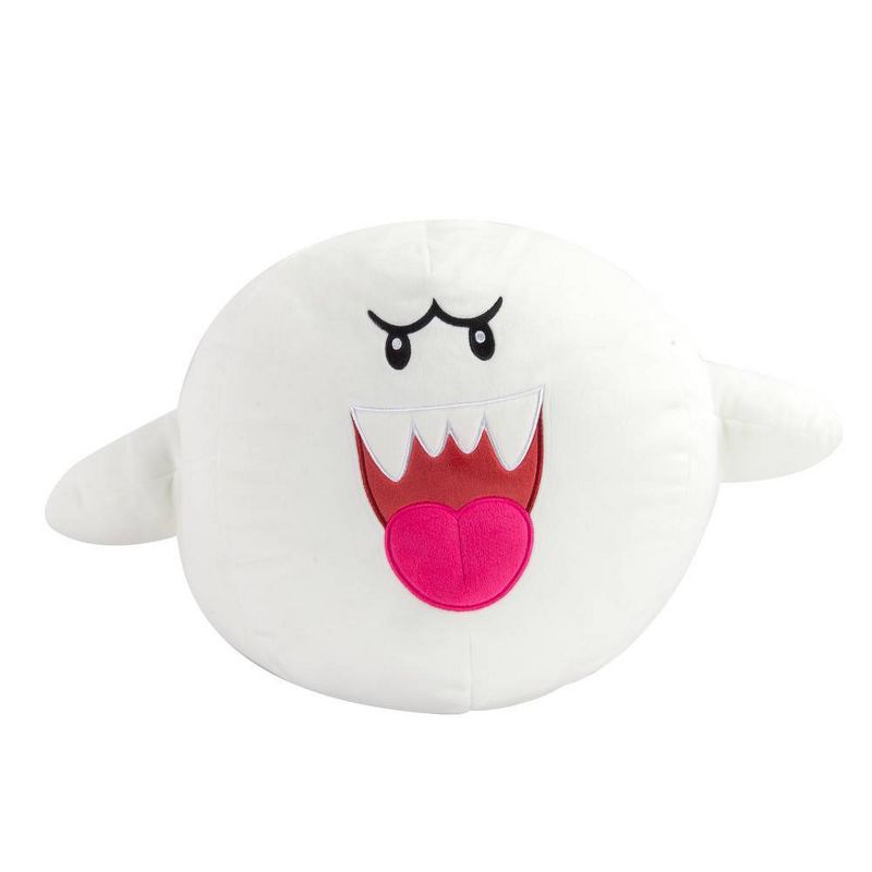 Club Mocchi Mocchi: Nintendo Boo Mega Plush (PREORDER) - Round white plush toy with angry black eyes, open mouth with sharp teeth, and pink tongue sticking out.