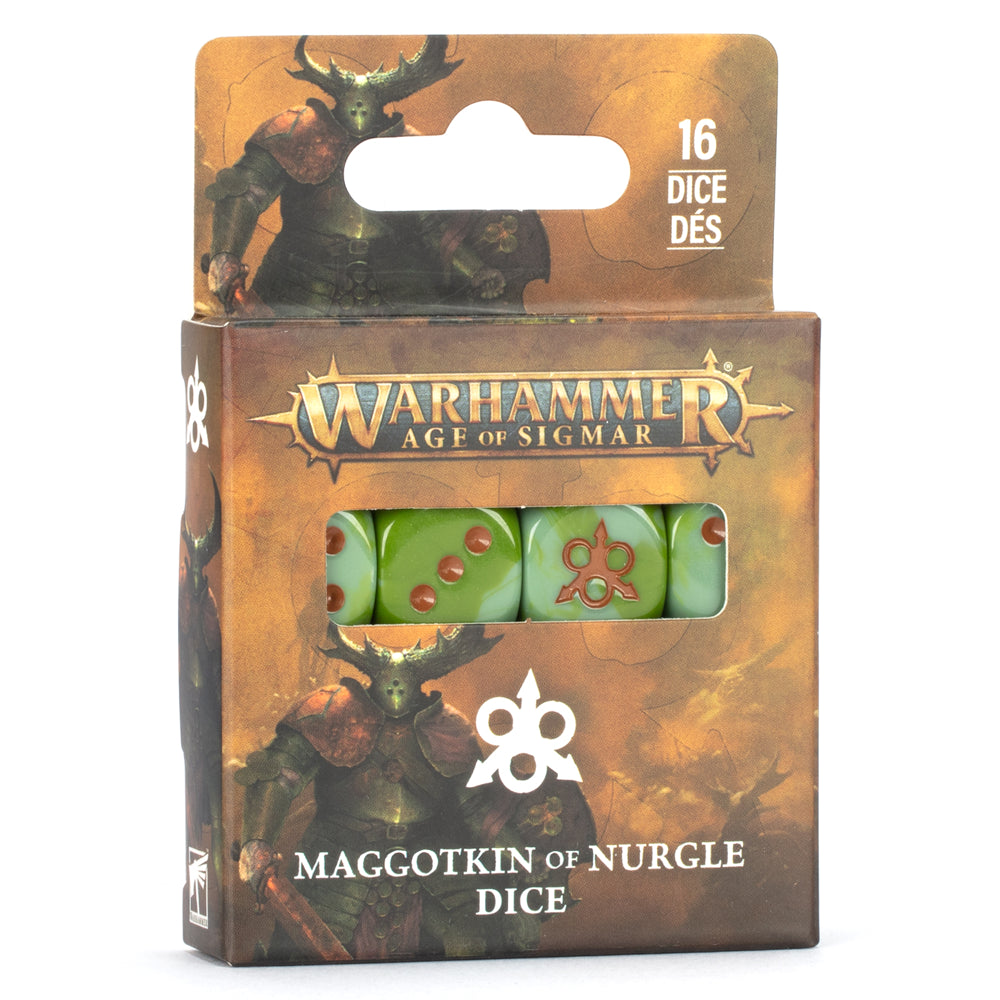Warhammer Age of Sigmar - Maggotkin of Nurgle - Dice - Set of 16 green six-sided dice with red pips and Chaos star symbol in Warhammer Age of Sigmar packaging.