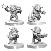 D&D Nolzur's Marvelous Miniatures: Yeti Tykes - Set of four unpainted gray resin miniatures depicting small yeti creatures with fur texture, posed in various dynamic.