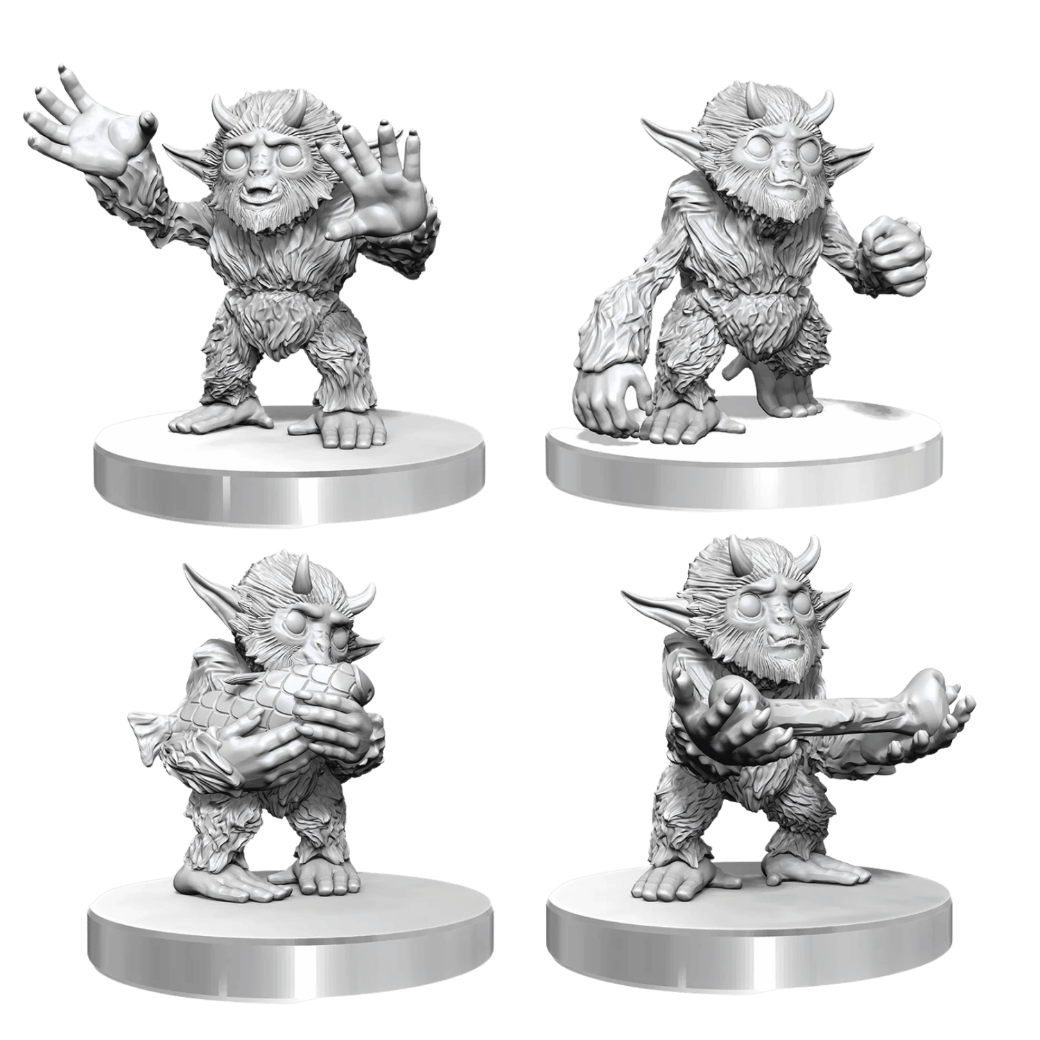 D&D Nolzur's Marvelous Miniatures: Yeti Tykes - Set of four unpainted gray resin miniatures depicting small yeti creatures with fur texture, posed in various dynamic.
