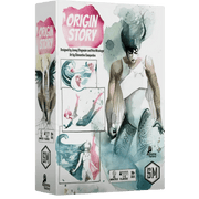 Origin Story - Strategy board game box with artistic watercolor illustrations of characters and dynamic poses on white background.