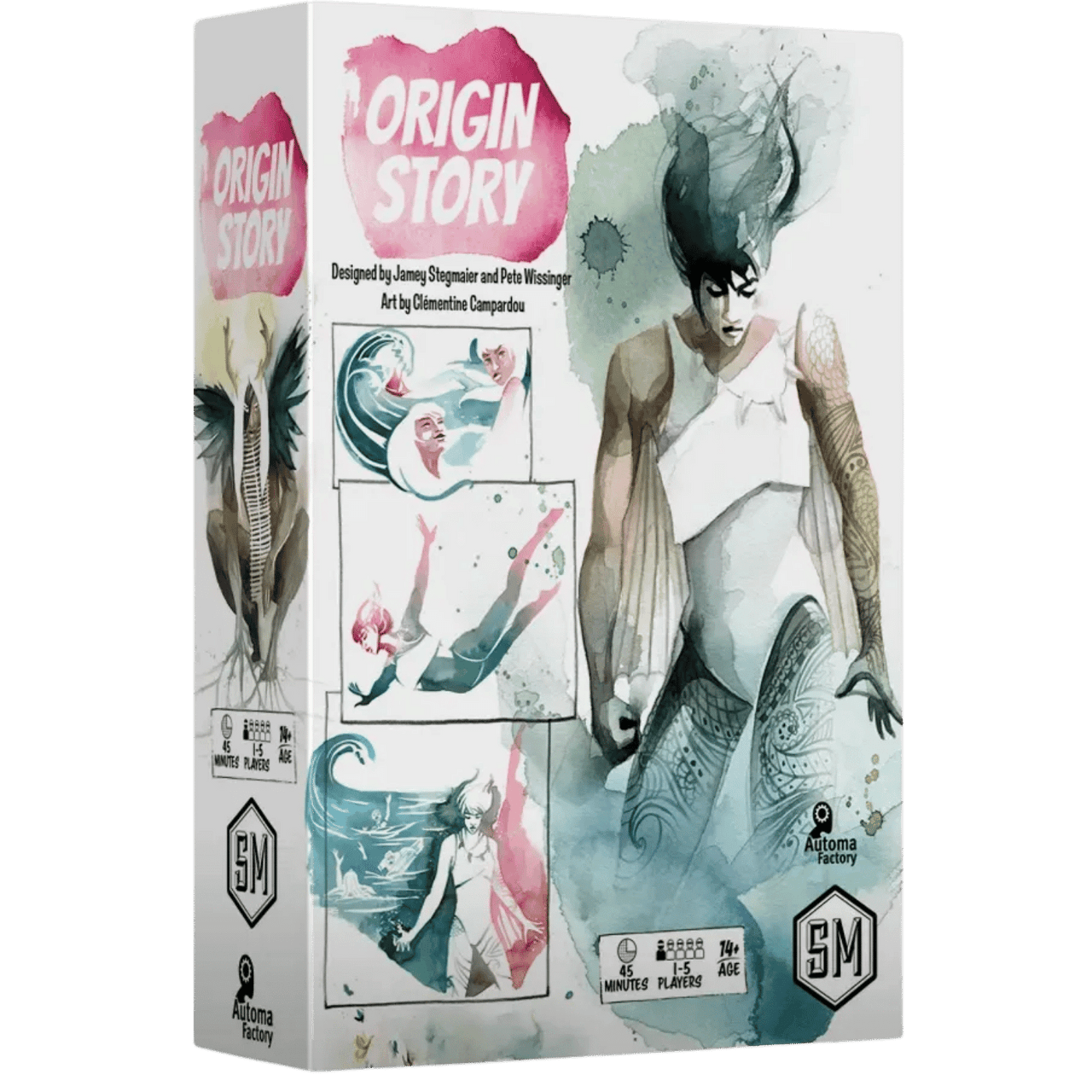 Origin Story - Strategy board game box with artistic watercolor illustrations of characters and dynamic poses on white background.
