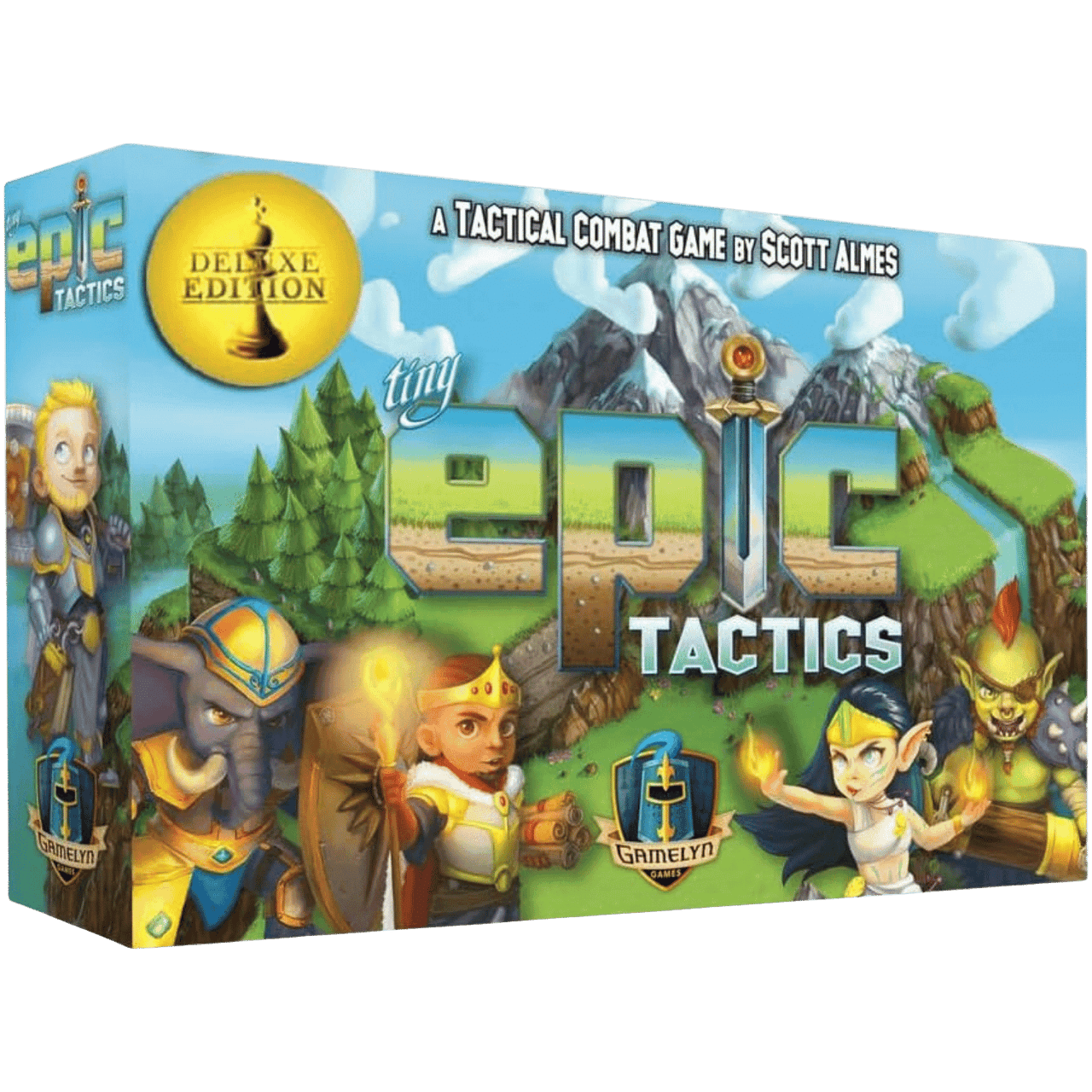 Tiny Epic Tactics: Deluxe (PREORDER) - Tiny Epic Tactics Deluxe board game box featuring fantasy characters and a mountainous landscape background.