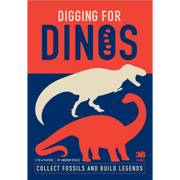 Diggin for Dinos (PREORDER) - Square game box with bold red and dark blue sections, featuring a white silhouette of a T-Rex and a red brontosaurus.