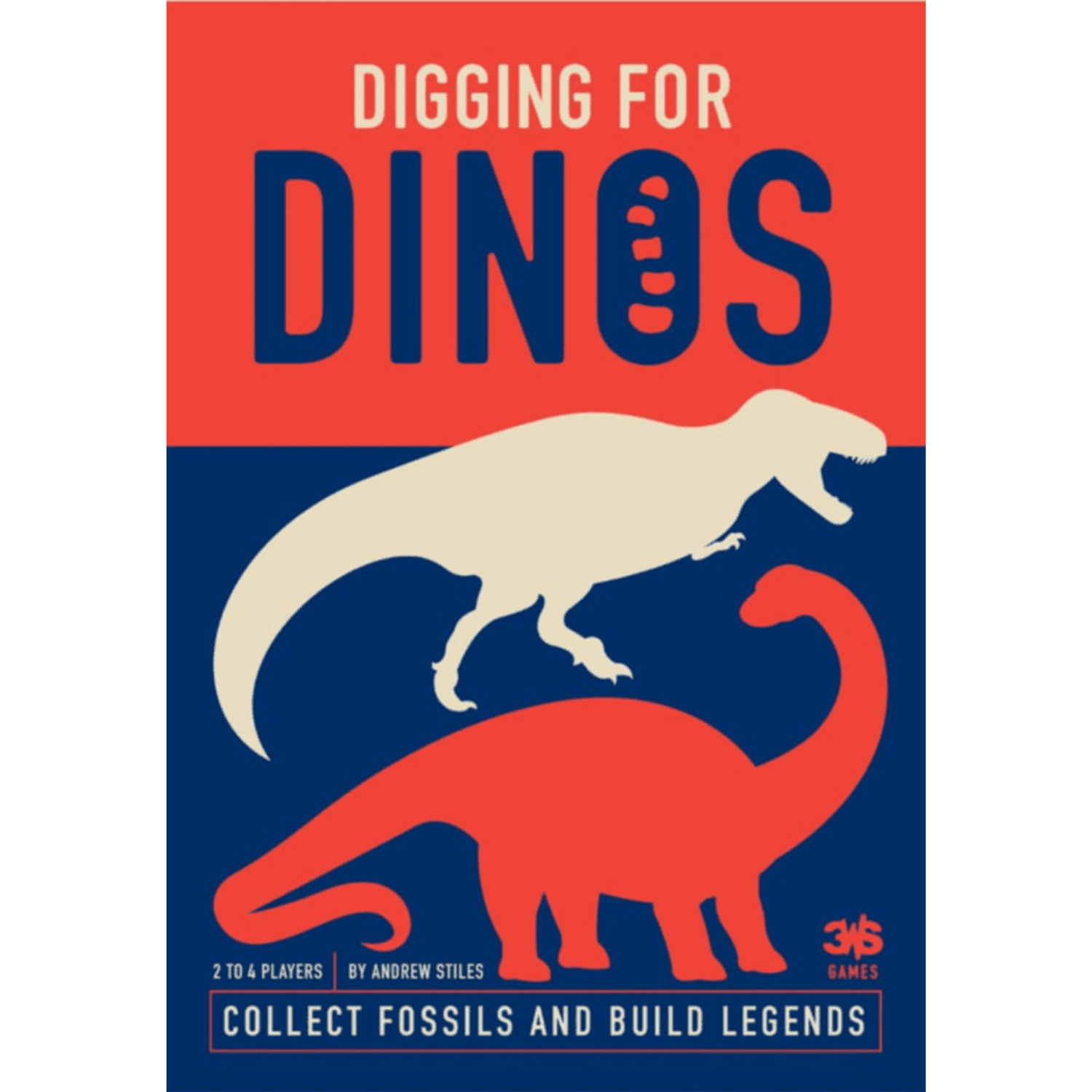 Diggin for Dinos (PREORDER) - Square game box with bold red and dark blue sections, featuring a white silhouette of a T-Rex and a red brontosaurus.