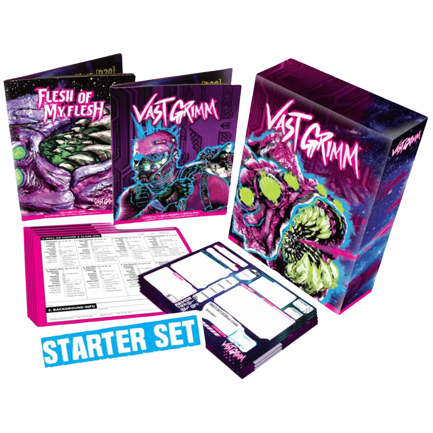 Vast Grimm: Starter Set (PREORDER) - Vast Grimm Starter Set with dark fantasy artwork on box and book covers, includes rulebook, character sheets, and cards in.