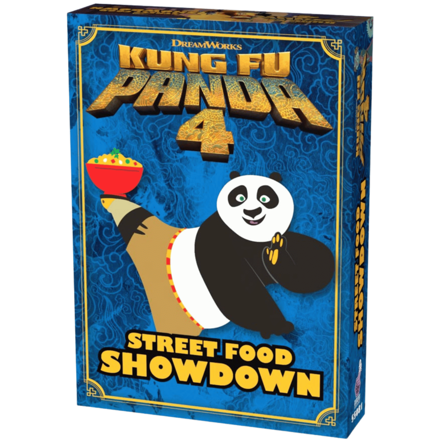 Kung Fu Panda: Street Food Showdown (PREORDER) - Boxed board game with Kung Fu Panda character holding a bowl, blue and gold decorative design, titled Kung Fu Panda 4 Street