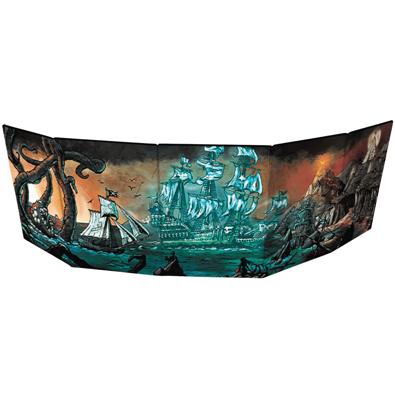PIRATE BORG: GM Screen (PREORDER) - Three-panel RPG GM screen featuring a glowing blue ghost ship on the center panel, dark brown and black nautical designs.