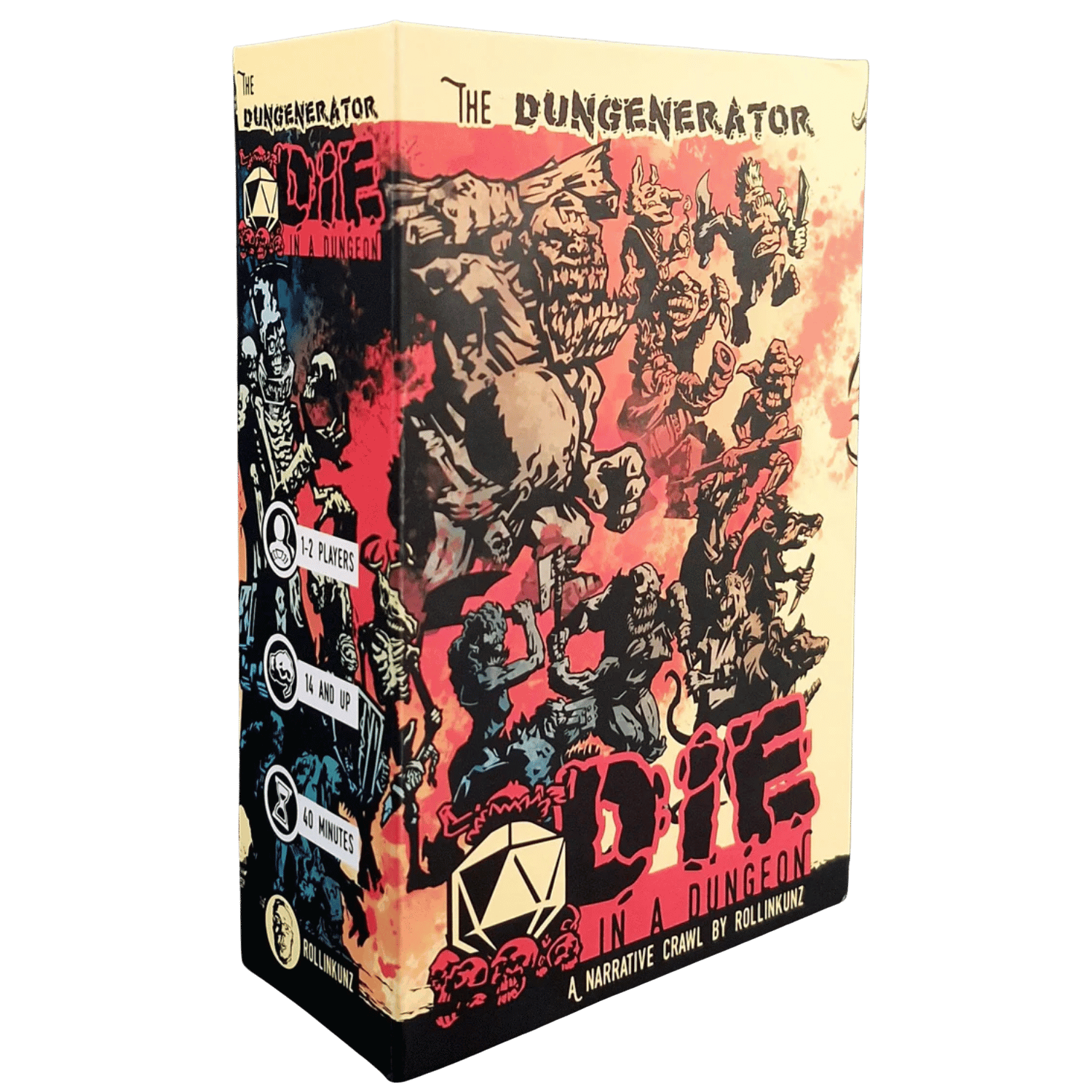 The DUNGENERATOR: DIE in a Dungeon - DIE in a Dungeon RPG book, featuring fantasy dungeon artwork in red, black, and beige tones with illustrated warriors and.