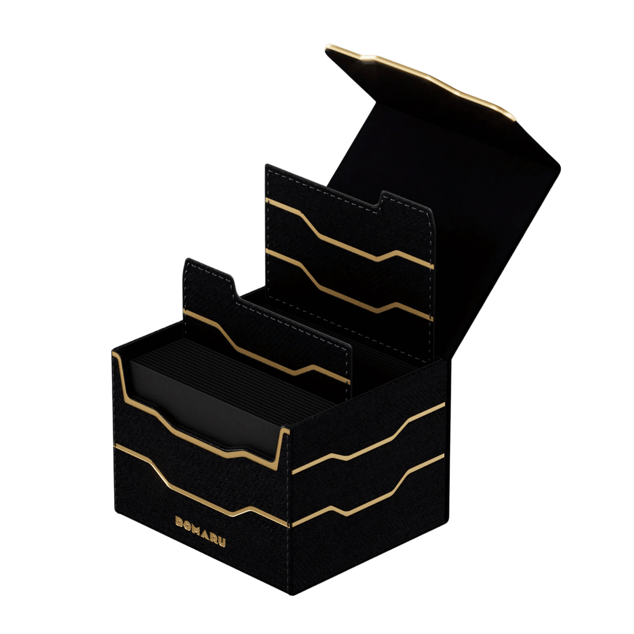 Gatherers' Tavern: Domaru Armory Collection Vertex Duo 200+ Deck Box - Obsidian (PREORDER) - Black rectangular deck box with gold angular accents, hinged lid, and multiple compartment dividers for card organization.