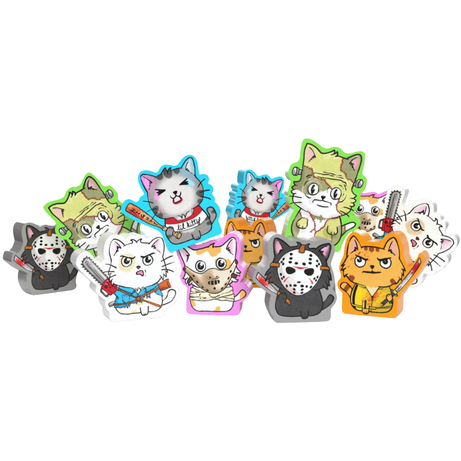Cats vs Cucumbers: Killer Kitten Meeples (PREORDER) - Colorful cat-shaped wooden meeples with various expressions and cucumber-themed designs for board game expansion.