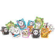 Cats vs Cucumbers: Killer Kitten Meeples (PREORDER) - Colorful cat-shaped wooden meeples with various expressions and cucumber-themed designs for board game expansion.